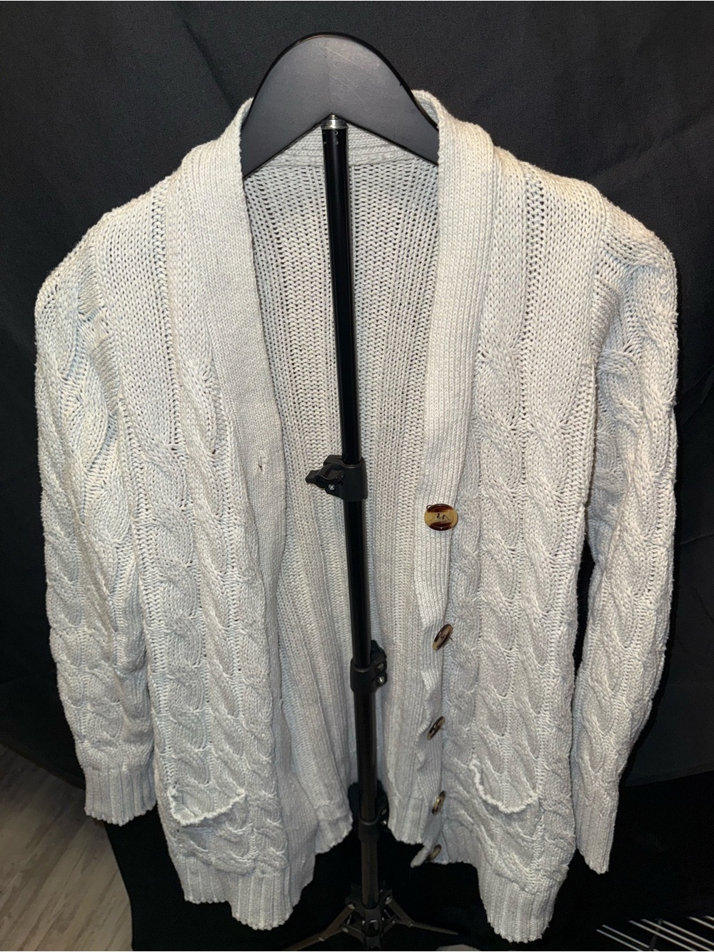 Woman Shawl-Collar Cable Knit Cardigan Sweater - Light cream thick sweater